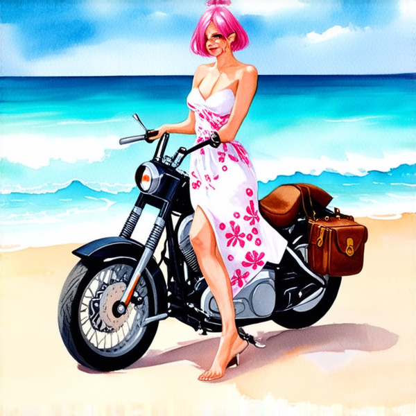 Aquarelle : Femme avec des cheveux rose fuchsia sur une harley noir roule sur le plage. elle porte une robe blanche à grosse fleur rose layette et un sac à main en cuir marron porté en bandoulière rose