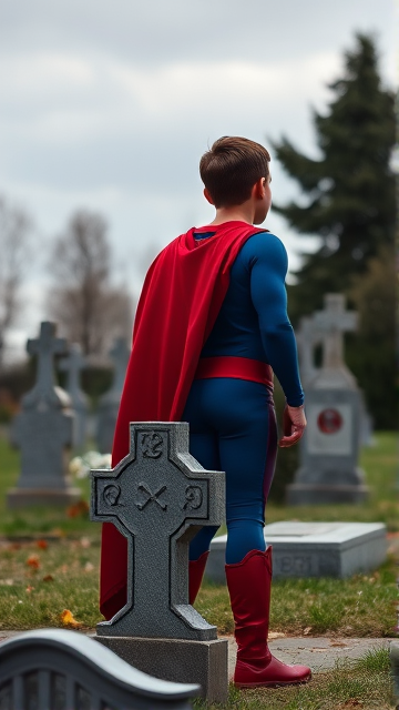 1990's Movie Scene: Jon Kent, AKA Superboy, the young little 12-year old super son of Superman, and the first kid to be born as the world's first Half-Kryptonian child, with an extremely muscular body, the iconic costume, the singular curled bang sticking out at the front of his flat and smooth hair, and a long cape, standing in a graveyard, visiting the grave of his legendary, deceased father, and promises to take his place in the world and carry on his legacy through himself.