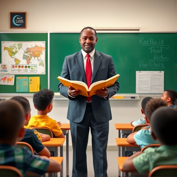 Directeur d'école afro-américain debout tenant un classeur ouvert dans ses mains portant un costume formel, dans une salle de classe avec un tableau vert, s'adressant  à un groupe d'élèves afro-américaines attentives de huit ans assises à leurs pupitres. Ils sont entourés de matériel pédagogique adapté à leur âge, comme des cartes géographiques, des affiches éducatives et des dessins d'enfants accrochés aux murs. La scène dégage une atmosphère chaleureuse et encourageante.