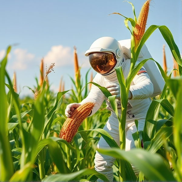 Astronaut harvesting corn