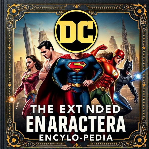 DC Extended Universe Character Encyclopaedia Book Cover featuring a collage of superheroes such as Superman, Batman, Wonder Woman, The Flash, Aquaman and Cyborg in dynamic action poses with the DC Extended Universe logo prominently displayed at the top. Incorporate iconic landmarks like Metropolis and Gotham City in the background. The cover should have a metallic sheen to mimic a collectible aesthetic, include intricate borders and filigree that suggest a tome of ancient wisdom mixed with modern flair. Ensure that each character's costume details are accurate and vividly colored to represent their movie appearances. Include subtle energy effects like Superman’s heat vision glow or The Flash’s speed force trails to convey their powers. The title font should be bold and heroic-looking with embossing to stand out against the complex artwork