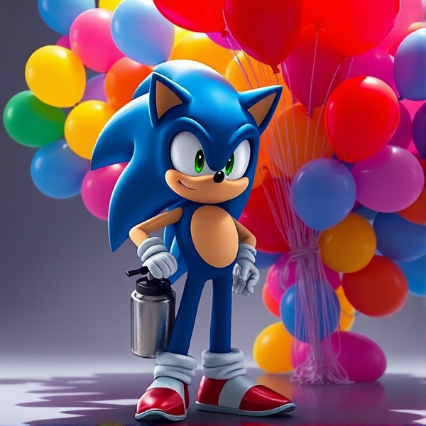 Sonic standing pose hold helium gas cylinder tank and big bunch of many colorful 16 inch balloons 450 each