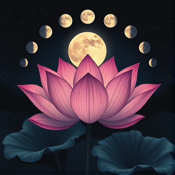 A semi colon lotus flower under the phases of the moon