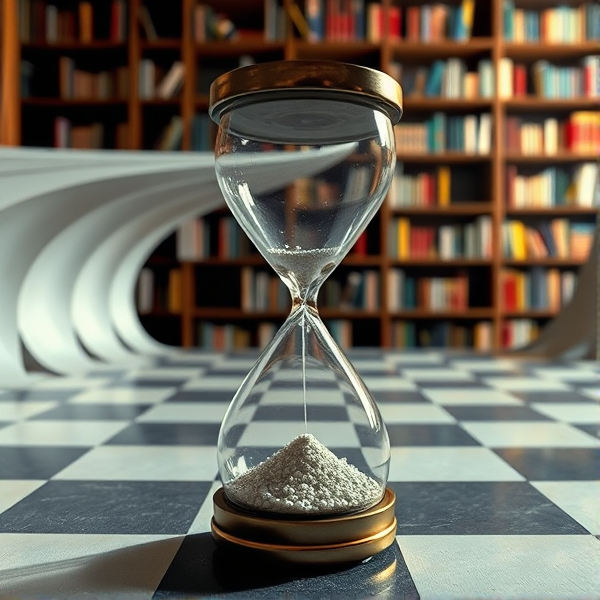 A curvilinear structure resembling a distorted chessboard that undulates with smooth, wave-like geometric patterns, each square pulsating as if irritated by an unseen force. In the foreground, a shattered hourglass with sand grains frozen mid-air, their paths curved and twisted in frustration. The background is a blurred vision of warped bookshelves bending under the weight of books contorted by the same curvilinear force. The image style is hyper-realistic, with sharp focus on the details of the broken hourglass and chessboard patterns to convey a sense of acute irritation. Dramatic lighting highlights the edges of the curvilinear forms and casts long, contorted shadows to enhance the mood. The camera angle is from slightly above, looking down at an angle to capture both the foreground's disrupted elements and the surreal background