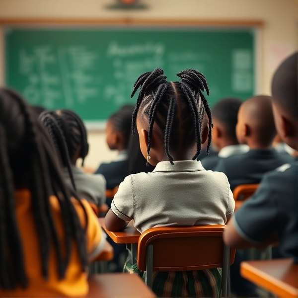 des filles noires de huit ans avec des tresses africaine et garçons assis dans une classe face au tableau vert