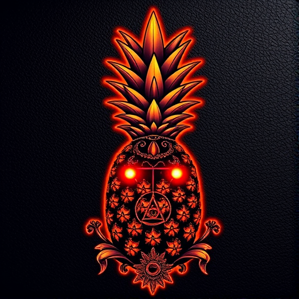 Conception d'un logo haut de gamme incorporant un ananas dans un style gothique-victorien, agrémenté d'ornements complexes et de symboles occultes tels qu'un pentacle et l'œil d'Horus. Utilisation d'une palette de couleurs sophistiquée avec un gradient élégant allant de l'orange au jaune puis au rose, sur une texture rappelant le cuir noir de qualité supérieure. L'ananas se distingue par ses épines délicatement ouvragées et des yeux émettant une lueur rouge intense, conférant une aura mystérieuse et légèrement menaçante à l'ensemble. Le design combine élégamment les caractéristiques victoriennes avec des touches exotiques pour créer une image captivante destinée à un public averti, tout en préservant un équilibre dans la vivacité des couleurs.