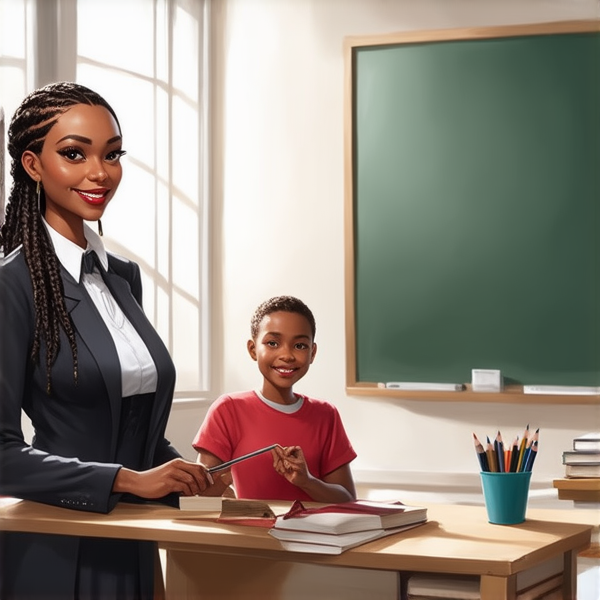 Une  institutrice africaine élégante de 50 ans avec des tresses africaines traditionnelles, vêtue d'un uniforme se tient debout devant un tableau noir dans une salle de classe lumineuse et bien rangée, souriante et prête à enseigner. Elle est entourée d'élèves noirs âgés de 10 ans et de fournitures scolaires typiques comme des livres, des cahiers et des crayons, accentuant son rôle d'éducatrice.