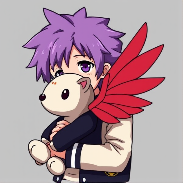 My hero academia oc. Purple fluffy hair. Varsity jacket. Scar through eye. And burn scar. Holding a fairly large plushie with.blonde hair and red wings