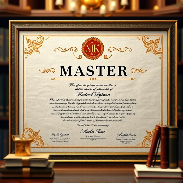 Prompt: Diplôme de Master élégant avec des bordures dorées sophistiquées, un sceau officiel en relief, une typographie classique et claire sur un fond en parchemin texturé, le tout présenté dans un cadre académique avec des livres et des symboles éducatifs