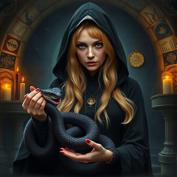 blonde haired hooded druidess woman with sunken eyes and sallow cheeks, wearing a black dress, summons a shadow snake in her castle dungeon filled with astrology and potions