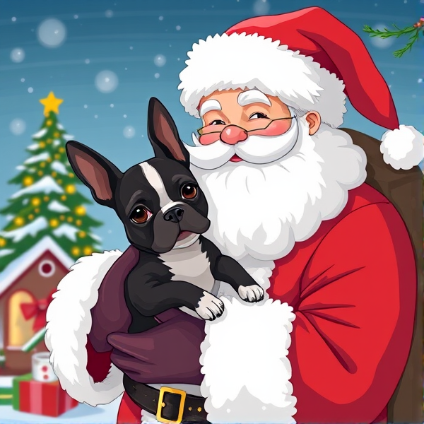 Illustration Santa holding a Boston terrier puppy with a Christmas background scene