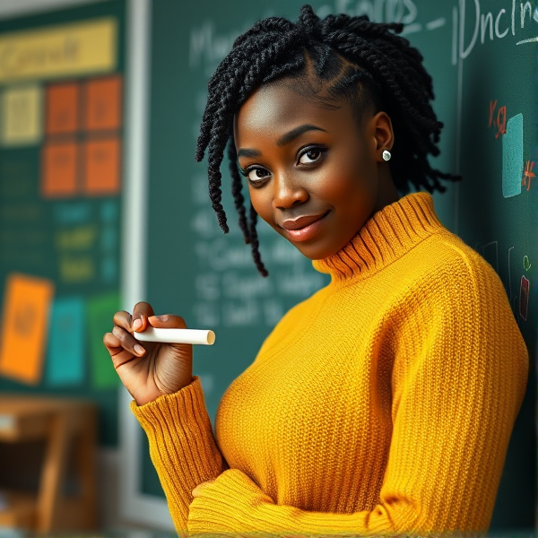 Une enseignante afro-américaine élégamment coiffée de tresses africaines traditionnelles, portant un pull jaune  se tient le dos tourné en train d'y écrire avec assurance à la craie blanche au tableau, éléments éducatifs colorés visibles en arrière-plan