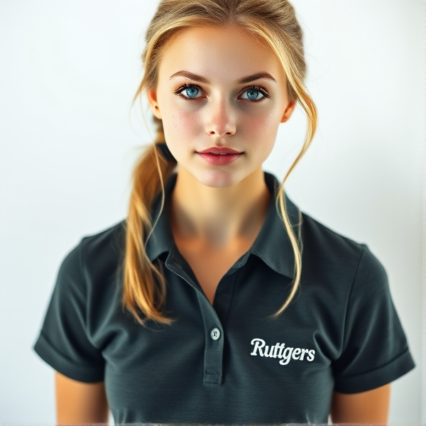 Photorealistic portrait of a youthful 19-year-old woman with light blonde hair naturally styled, bright blue eyes, and a subtle distribution of freckles across her nose. She has a heart-shaped face adorned with thick black lashes, exuding an air of young elegance and simplicity. She is directly facing the viewer, wearing a sophisticated dark green-gray polo shirt with discreet white embroidery that reads "Ruttgers" on the left chest, complemented by a stylish black mini skirt. The overall mood should reflect daytime clarity and freshness without reliance on bright color palettes or make-up enhancement.