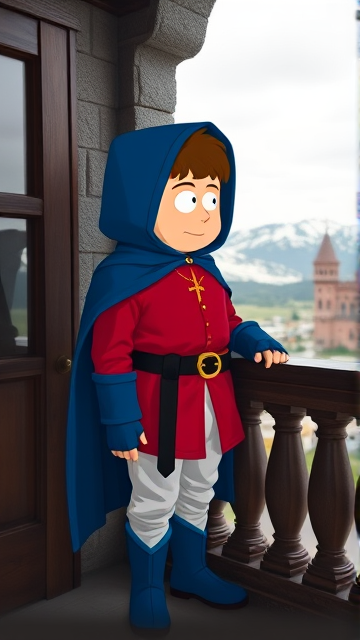 Clyde Donovan from South Park, light skin and brown hair, but as a 14-Year Old, dressed as a medieval prince with a red shirt with white sleeves, a black belt with a gold buckle, white pants, blue boots, blue long-cuffed gloves, and wreathed in a big, ankle-length blue hooded cape, now known as Prince Donovan. Despite still being a kid, he is the Youngest Ruler of South Park, Colorado, but now reborn as the real life Kingdom of Kupa Keep, Zaron, and Prince Donovan is its youngest and greatest hero. The young teenage prince of Kupa Keep is currently standing on his bedroom balcony in his new home of Kupa Keep Castle, looking at the amazing view of his newfound kingdom that was once the small mountain town he knew before.