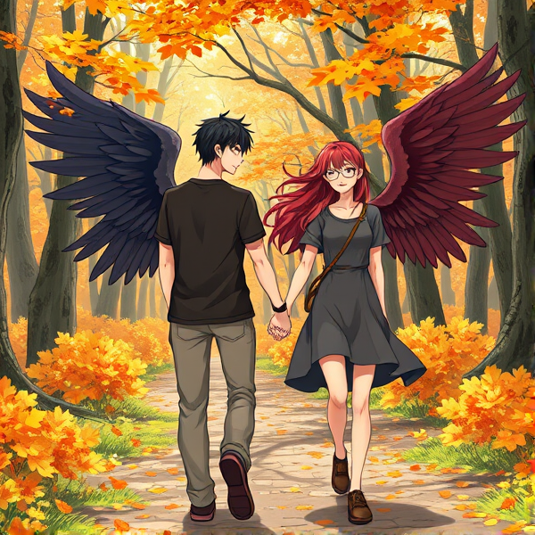 Black haired Caucasian male anime angel wity wings and red haired Caucasian female anime angel with wings wearing glasses, hold hands walking in an Autumn forest