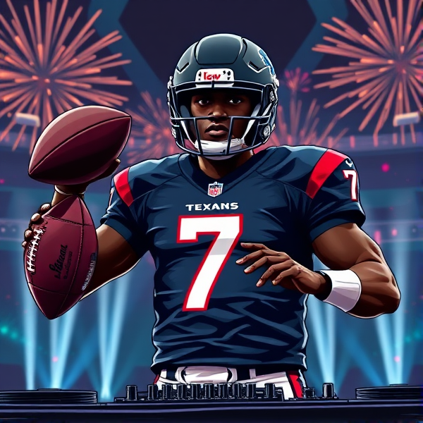 Animated black quarterback wearing number 7 jersey for Houston texans holding a football and DJing. Pyrotechnics and lights in background