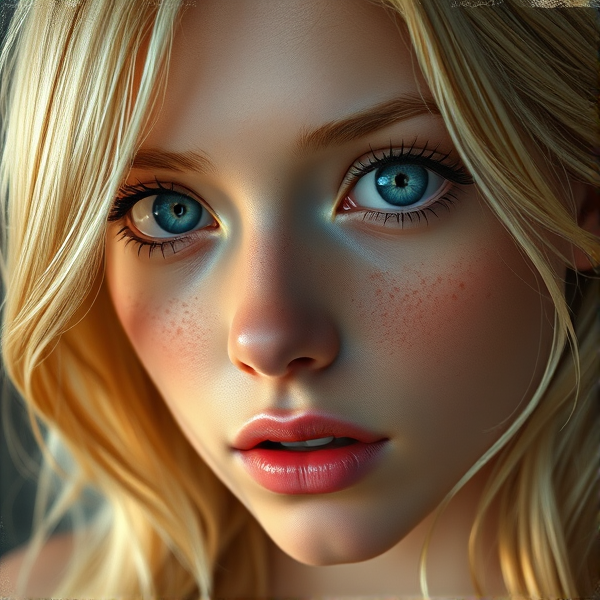 blonde teen, big blue eyes, a few light freckles
