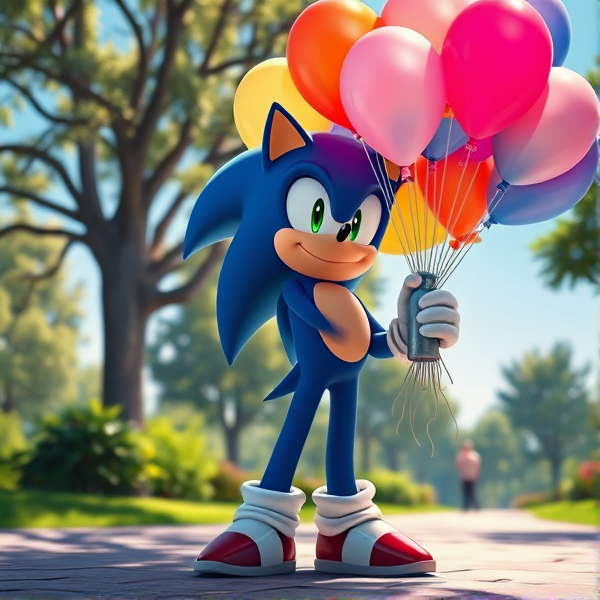 At the sunny day park Sonic standing pose clench helium gas cylinder tank then Sonic holding big bunch of many colorful 16 inch balloons 450 each