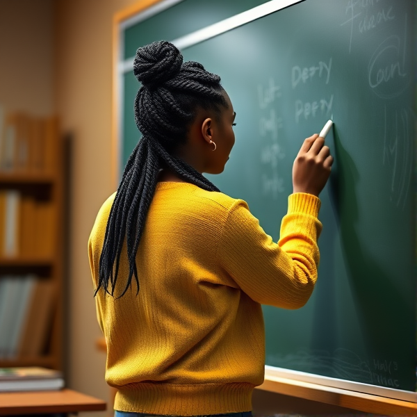 Une enseignante noire âgée de quarante ans coiffée de tresses africaines traditionnelles, portant un pull jaune  se tient le dos tourné en train d'y écrire à la craie blanche au tableau
