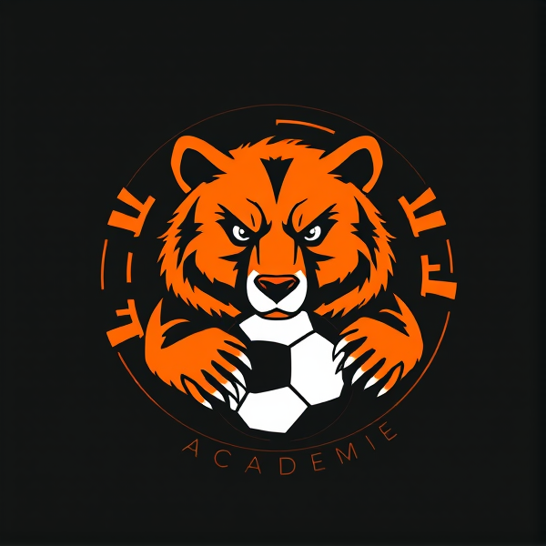 Conception d'un logo rond et percutant pour 'Tilt Académie', école de football. Au coeur du design, un ourson grizzly dessiné avec une précision extrême et un sens artistique raffiné, incarnant la puissance et la ténacité. Il est entouré par des éléments graphiques abstraits qui évoquent dynamisme et passion pour le football : des lignes fluides et rapides ainsi que des formes géométriques vibrantes et énergiques. La palette de couleurs est dominée par un orange vif et un noir intense, offrant un contraste frappant. Le design doit se démarquer en capturant l'essence du jeu compétitif avec l'ourson prêt à se lancer dans l'action. Il est focus mais pas méchante.Le nom 'Tilt Académie' s'intègre harmonieusement autour de l'élément central dans une police moderne et saisissante. Un ballon de football est intelligemment incorporé au logo afin d'en souligner l'appartenance au monde du football. L'esthétique générale doit allier tradition sportive à une touche innovante, rendant le logo idéal comme emblème d'un club sportif.Plus orange que de noire, logo de soccer.Seulement orange et noire
