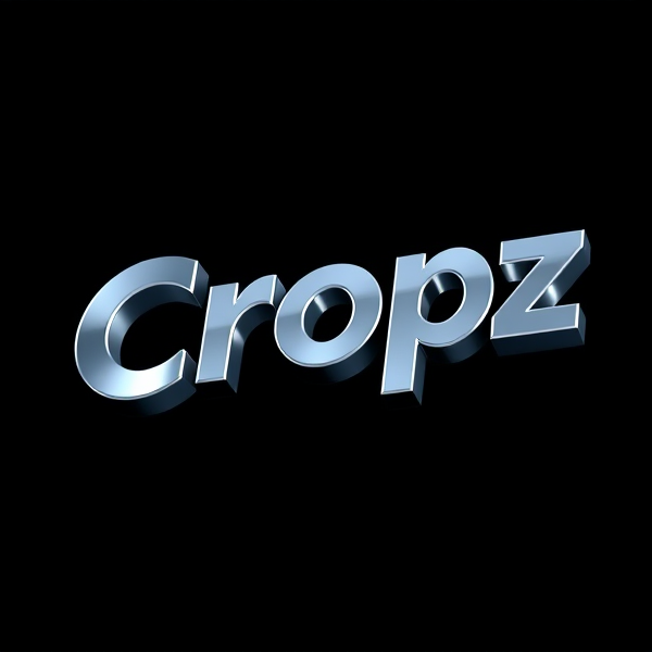 Highly detailed, high-contrast image of a 3D logo with the word "Cropz" in bold, stylish sans-serif font emerging dynamically from a deep black background. The logo's silhouette features sleek, futuristic curves and smooth metallic surfaces that mimic polished chrome, reflecting light and creating an exciting sense of movement. Rendered in a vivid, vibrant style with high gradation reminiscent of Pixar animation quality, it showcases sharp lines and geometric shapes that contribute to its intricate design. Crafted with precision using advanced tools like Unreal Engine, Octane Engine, and V-Ray for an exaggerated, surreal aesthetic with striking sci-fi elements, the logo has pronounced proportions and hyper-realistic textures that appear almost touchable.