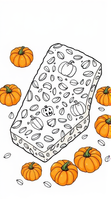 One Granola bar. Outline only. No colours just black and white for colouring in. It has oats  small halloween pumpkins in it with no colours also. Everything should be black and white. Just the outline for a colouring book. The pumpkins should be coloured and they are small scattered all over the Granola bars