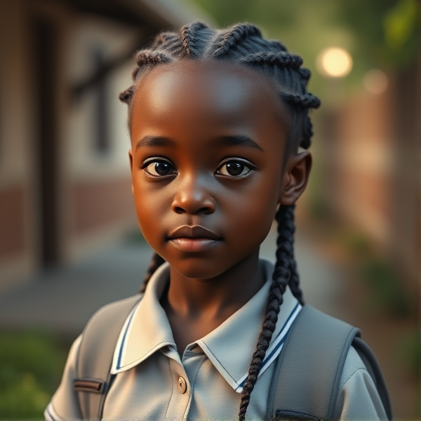 Jeune fille africaine de douze ans avec des tresses traditionnelles, vêtue d'un uniforme scolaire rentrant à la maison