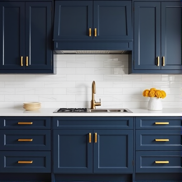 front view navy kitchen cabinets with gold handles