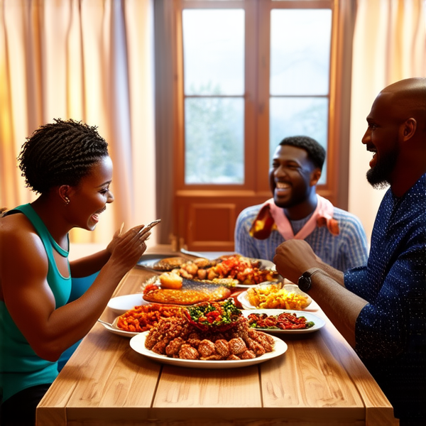 Repas de famille afro-américaine chaleureux et convivial, avec un grand assortiment de plats traditionnels soul food sur une grande table en bois, entourée de membres de la famille riant et partageant des moments ensemble dans une salle à manger bien éclairée et décorée pour l'occasion
