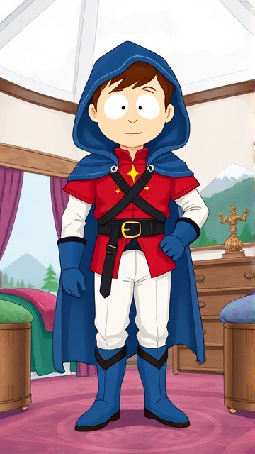 Clyde Donovan from South Park, light skin and brown hair, but as a 14-Year Old, dressed as a medieval prince with a red shirt with white sleeves, a black belt with a gold buckle, white pants, blue boots, blue long-cuffed gloves, and wreathed in a big, ankle-length blue hooded cape, now known as Prince Donovan. Despite still being a kid, he is the Youngest Ruler of South Park, Colorado, but now reborn as the real life Kingdom of Kupa Keep, Zaron, and Prince Donovan is its youngest and greatest hero. The young teenage prince of Kupa Keep is currently standing in his bedroom in his new home of Kupa Keep Castle, taking a moment to truly admire his newfound royal appearance.