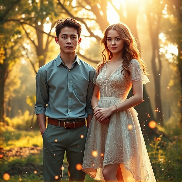 A vivid and intricate scene depicting the enchanting metamorphosis of an adolescent, who begins as a boy and gracefully transitions into a girl of equal age. The visual narrative captures a pivotal moment where both genders coalesce, with the teen positioned centrally. Their clothing morphs from traditionally male attire—a crisp button-down shirt and slacks—into an exquisite female ensemble, comprising a flowing skirt adorned with floral patterns and a delicate lace top that catches the light. Accessories transition from a simple leather wristband to dainty bracelets and rings that sparkle with subtle magic.

The teen's features are beautifully ambiguous, halfway between strong jawlines and high cheekbones; their hair grows longer, shifting from short and tousled to wavy locks cascading over their shoulders. The expression on their face is one of serene confidence amidst change, eyes gleaming with newfound understanding.

Around them, the environment hints at otherworldly intervention: ethereal glows trace the contours of transformation, while twinkling particles resembling fireflies or faerie dust swirl in an intricate dance of celebration for this new beginning. These motes seem to whisper through the air, leaving trails of soft radiance that illuminate the subject without overshadowing any detail. Gentle gradients of color radiate from the figure, suggesting a spectrum of identity beyond binary definitions.

The backdrop is tastefully chosen to complement this moment—a mystical forest clearing bathed in the golden hour's sunbeams filtering through ancient trees, casting dappled shadows that respect the privacy and dignity of the transformative process. No other figures intrude upon this personal rite; it is intimate yet universally emblematic of growth and self-discovery.

All elements together create a tapestry rich in symbolism: caterpillars transitioning into butterflies adorn some garment parts; mirrors reflect not what was but what will be; half-visible runes glow upon skin hinting at protective spells ensuring safety throughout this rite of passage. This depiction honors both origins and destinations within one's journey across gender—a true spectacle blending humanity’s diversity with nature’s boundless magic.