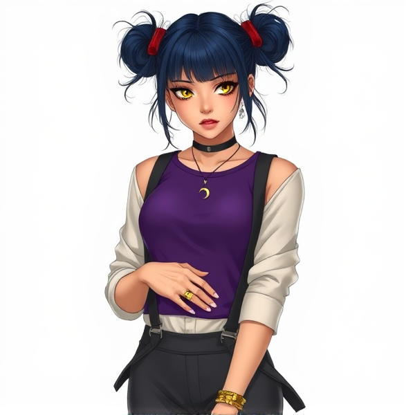 A woman with dark blue hair in space buns. She wears a white shirt with the sleeves rolled up underneath a purple tank vest. There is a crescent moon pin in the center of the vest neckline. She has piercing yellow eyes. She wears dark gray pants with dark gray suspenders hanging off to the side. She wears lots of golden rings