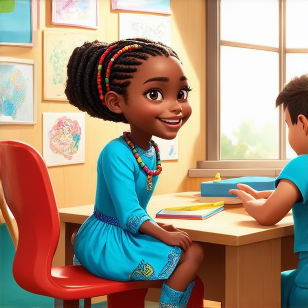 Jeune fille africaine de 8 ans joyeuse, vêtue d'une robe couleur bleu ciel, ornée de motifs traditionnels, portant des tresses africaines complexes agrémentées de perles multicolores. Son sourire est large et éclatant. Elle est assise sur une chaise conçue pour enfant, face à un bureau en bois clair dans une salle de classe baignée de lumière naturelle. L'ambiance est chaleureuse avec des murs décorés de dessins colorés et des fournitures scolaires éparpillées. En arrière-plan, on aperçoit distinctement un enseignant interagissant avec les élèves.