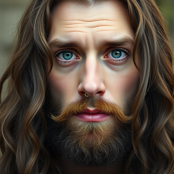 white man, long brown wavy hair, hooked nose, large forehead, blue eyes, slight facial hair, chubby cheeks, septum ring, big lips