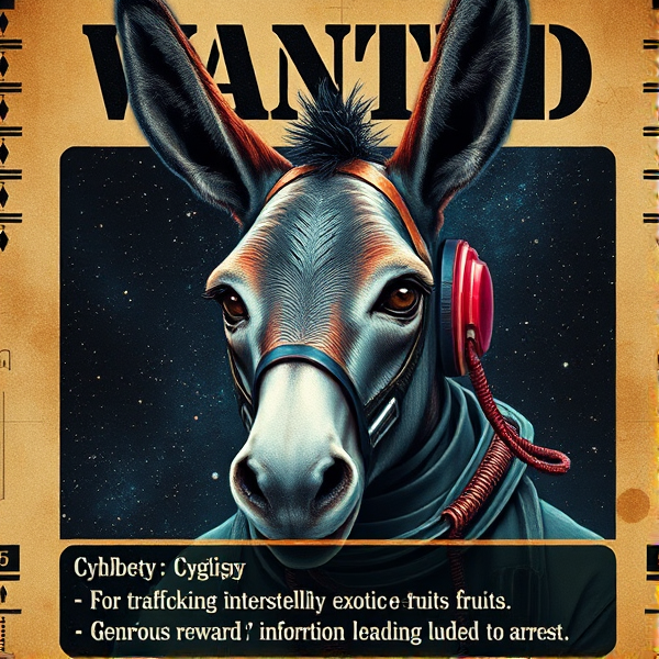 Affiche futuriste flippante de recherche, an 2500, portrait détaillé d'un hybride homme-ane- cyborg recherché, style cyberpunk, avec des prothèses cybernétiques et des interfaces neurales, arrière-plan cosmique étoilé, texte holographique dynamique affichant "WANTED:  CybGipsy - Pour trafic de fruits exotiques interstellaires. Récompense généreuse pour informations conduisant à l'arrestation."