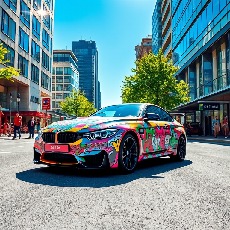 BMW M4 soigneusement customisée avec un assortiment éclatant de graffitis de style hip-hop recouvrant élégamment la carrosserie, contrastes vifs et motifs audacieux reflétant l'énergie urbaine, roulant à allure modérée dans une rue citadine trépidante en plein jour, l'architecture environnante composée de bâtiments modernes aux façades vitrées et aux designs avant-gardistes des deux côtés, quelques arbres verts parsemant le décor et ajoutant une touche naturelle, larges trottoirs peuplés de passants décontractés aux tenues colorées reflétant la diversité culturelle, quelques terrasses de café offrant un aperçu de la vie sociale locale, le ciel bleu clair avec un soleil radieux accentuant les ombres nettes sur la chaussée