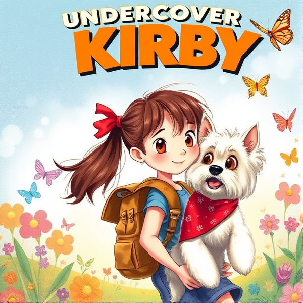 Bright and whimsical book cover design featuring a 10 year old with brown ponytail with red ribbon as the protagonist on an adventurous journey, bursting with vivid colors and elements that appeal to 10-year-old girls such as butterflies and pretty birds, and friendly cream long haired small maltese terrier dog with long hanging ears and red bandana around neck looking happily at protagonist.. the girl is looking at reader. The artwork should capture the essence of a childlike wonder and the excitement of exploration, ideally incorporating symbols of adventure like compasses, binoculars, or hidden paths. The typography should be bold and inviting, resonating with young readers' imagination and sense of fun. The title is: Undercover Kirby. The style should realistic hand drawn illustration