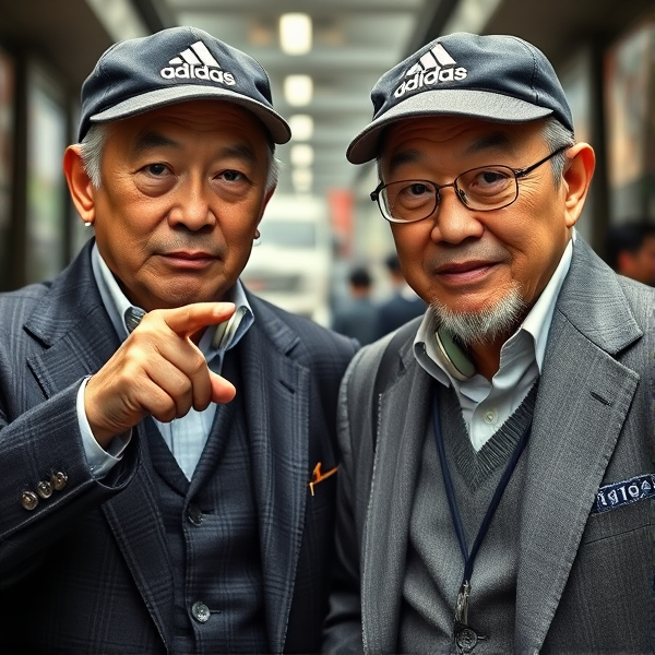 Deux vieux  hommes d'affaires japonais puissants accroupis, portant des casquettes Adidas et des cravates rayées longues et des oreillettes Apple  Leurs visages affichent un regard fâché et hypnotique et furieux  pointing , regard dominant, sourcils levés, envoûtant
Une casquette à l envers