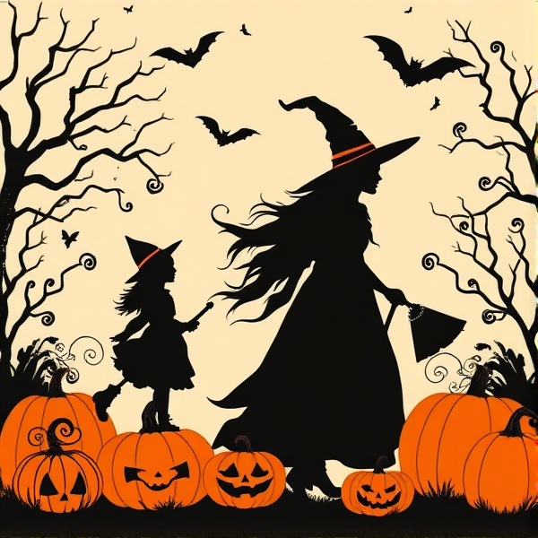 Halloween witch family silhouettes and pumpkins with room to add text to the image that looks like vintage art