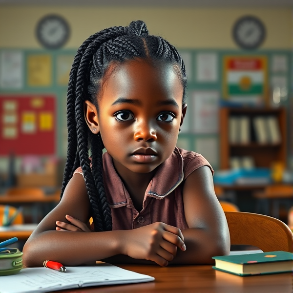 A young African girl, approximately 8 years old, with intricate braided hair, sitting attentively at her desk in a brightly lit classroom setting, surrounded by educational materials and school supplies