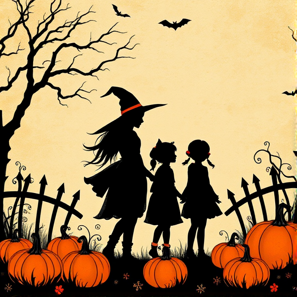 Halloween witch family boy and girl silhouettes and pumpkins with room to add text to the image that looks like vintage art illustrations with lots of space above