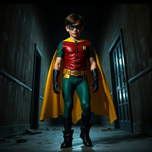 Movie Scene: A preteen 12-year old boy with light skin and dark brown hair named Connor Bardley, but dressed as Robin, The Boy Wonder, with an extremely muscular body, a sleek green suit with a red torso with a black circle with a yellow R symbol on his left pectoral, a gold utility belt, black boots, black long-cuffed gloves, a big, ankle-length, ultra-wide yellow cape, and a black eye mask, walking through an abandoned house at night, looking for clues to the mystery he is trying to solve.