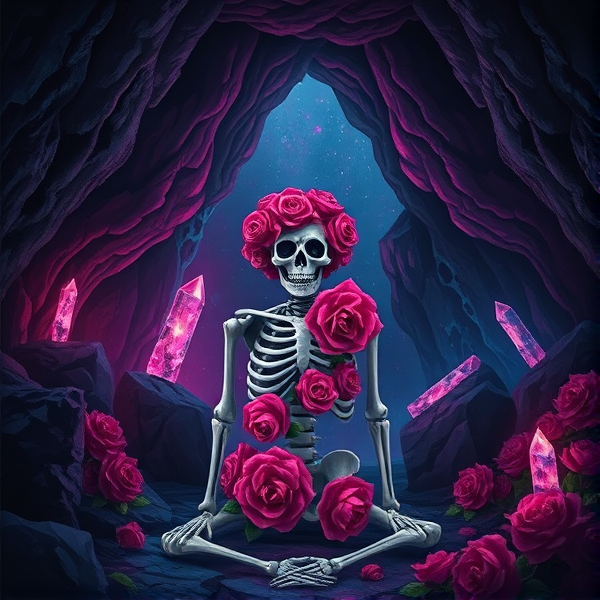 Fait une image sombre . Un grotte , un grotte éclairéé par des cristaux magique au niveau de la parroi de la grotte , au millieux , il y'a un squellette recouvert de rose rose