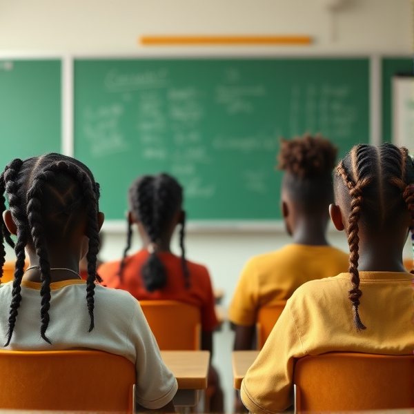 des filles noires de huit ans avec des tresses africaine et garçons assis dans une classe face au tableau vert