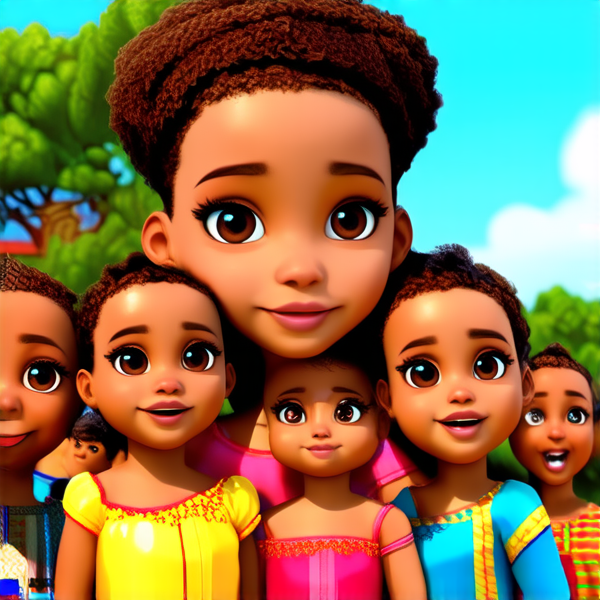 prompt: famille africaine traditionnelle, heureuse, réunie à l'extérieur près de leur maison moderne avec des arbres et un ciel bleu en arrière-plan, vêtue de tenues colorées typiques