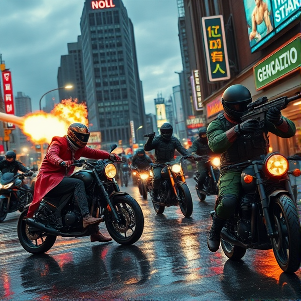 Intense urban showdown between rival factions on a rain-slicked street at dusk, with one gang adorned in vibrant red leather jackets and bandanas wielding customized motorcycles and advanced tech weapons facing off against another gang decked out in varying shades of green, sporting military-grade armor and holding cutting-edge plasma rifles, amidst a gritty city backdrop riddled with dynamic gunfire exchanges, billowing smoke from explosions, shattered glass reflecting the chaos, neon signs flickering overhead and dramatic action poses as combatants leap over obstacles, engage in hand-to-hand combat and strategically use the environment to gain an advantage. The scene is lit by the eerie glow of streetlights mixed with the harsh flash of muzzles and punctuated by the faces of focused fighters, determined to prevail.