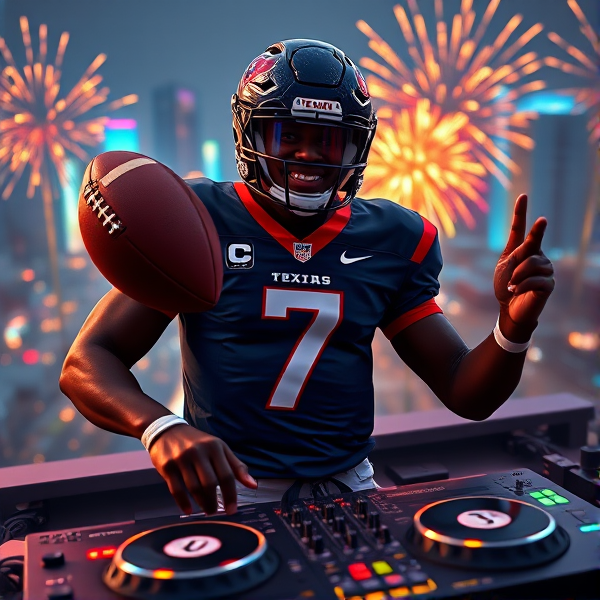 Animated black quarterback wearing number 7 jersey for Houston texans holding a football and DJing with turntables. Pyrotechnics and lights in background