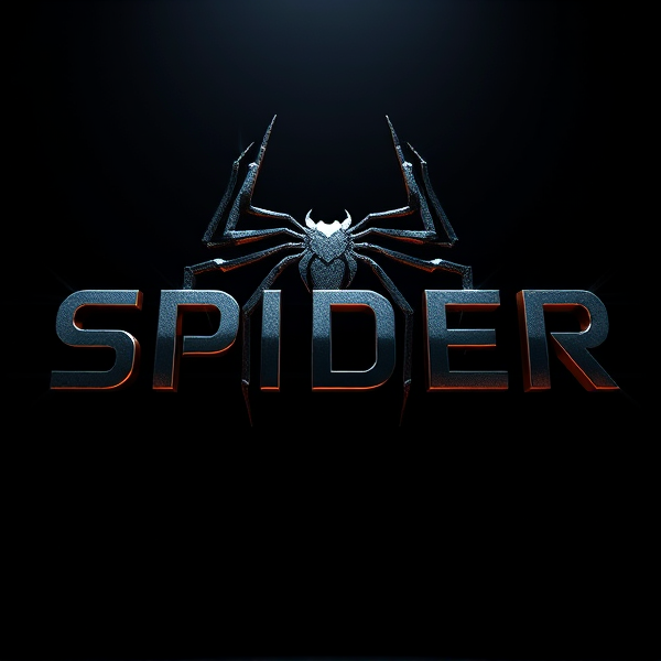 Create a three-dimensional logo with the word "SPIDER" in bold, sans-serif font, emerging from a deep black abyss background. Incorporate avant-garde and futuristic elements, with letters displaying metallic textures and reflective surfaces that mirror the environment. Highlight the design with piercing beams of light creating sharp contrasts and dramatic shadows, similar to the Capcut app icon's brilliance. Blend complex curves, sharp angles, and smooth lines for a sense of speed and elegance. Take cues from Pixar for intricate visuals and novel shapes while adding vibrant colors and shiny textures for a pronounced three-dimensionality. Use rendering techniques akin to Unreal Engine for realistic reflections, Octane Renderer's ray tracing for luster, and V-Ray's lighting for atmospheric mood. Aim for a sci-fi-themed spectacle that's lavishly over-the-top with an impactful, audacious presence