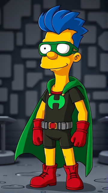 Milhouse Van Houten from The Simpsons, with his yellow skin, really big round nose, and blue hair that's slicked back and curled up at the top, but as a tall, 18-year old teenager, dressed as a parody of Robin, The Boy Wonder, with an extremely muscular torso and arms, a dark green bodysuit with a red torso adorned with a green H symbol on his chest, a grey utility belt, red boots, red long-cuffed gloves, a big, heel-length long, ultra-wide green cape, and a green eye mask with optical lenses in it, now known as Houseboy, The Nerd Wonder, the other half of Springfield's Dynamic Duo, and one of the greatest vigilante superheroes ever known in Springfield. He is currently standing in his secret high-tech underground lair, ready for action.
