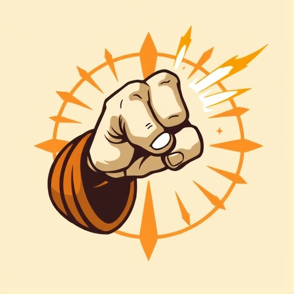 Create an RPG icon that represents a monk's stunning fist attack, showcasing a stylized human hand in a martial arts striking pose, emitting waves of force or energy to suggest a stunning impact. The background should be minimalist to highlight the action, possibly with an oriental aesthetic, using warm colors like gold or orange to convey the power and precision of the technique